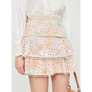 Alice + Olivia Kirsten Floral Eyelet Ruffle Mini Skirt Pastel Size 2